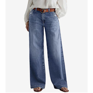 FLAMINGALS Women's Navy Blue Wide Leg Jeans High Rise Button Fly Stretch Denim M